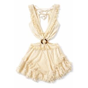 Rosevelvet Cream Crochet Fringe Cutout Mini Dress Lace Up Size L  NWT Festival